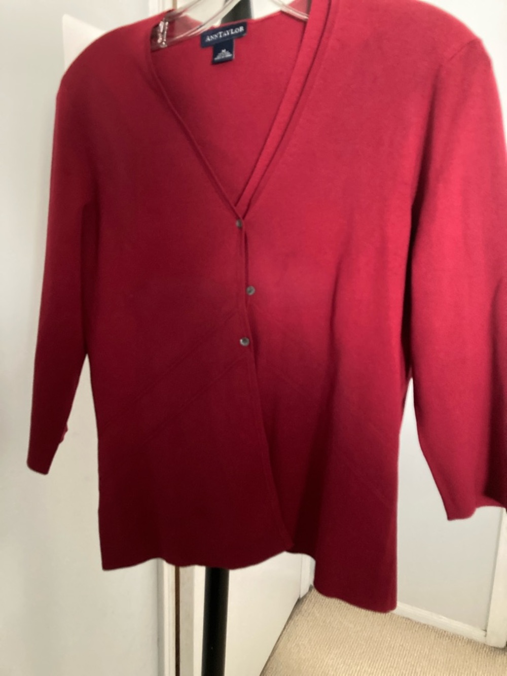 Ann Taylor Red V-Neck Button-Front Cardigan and she’ll